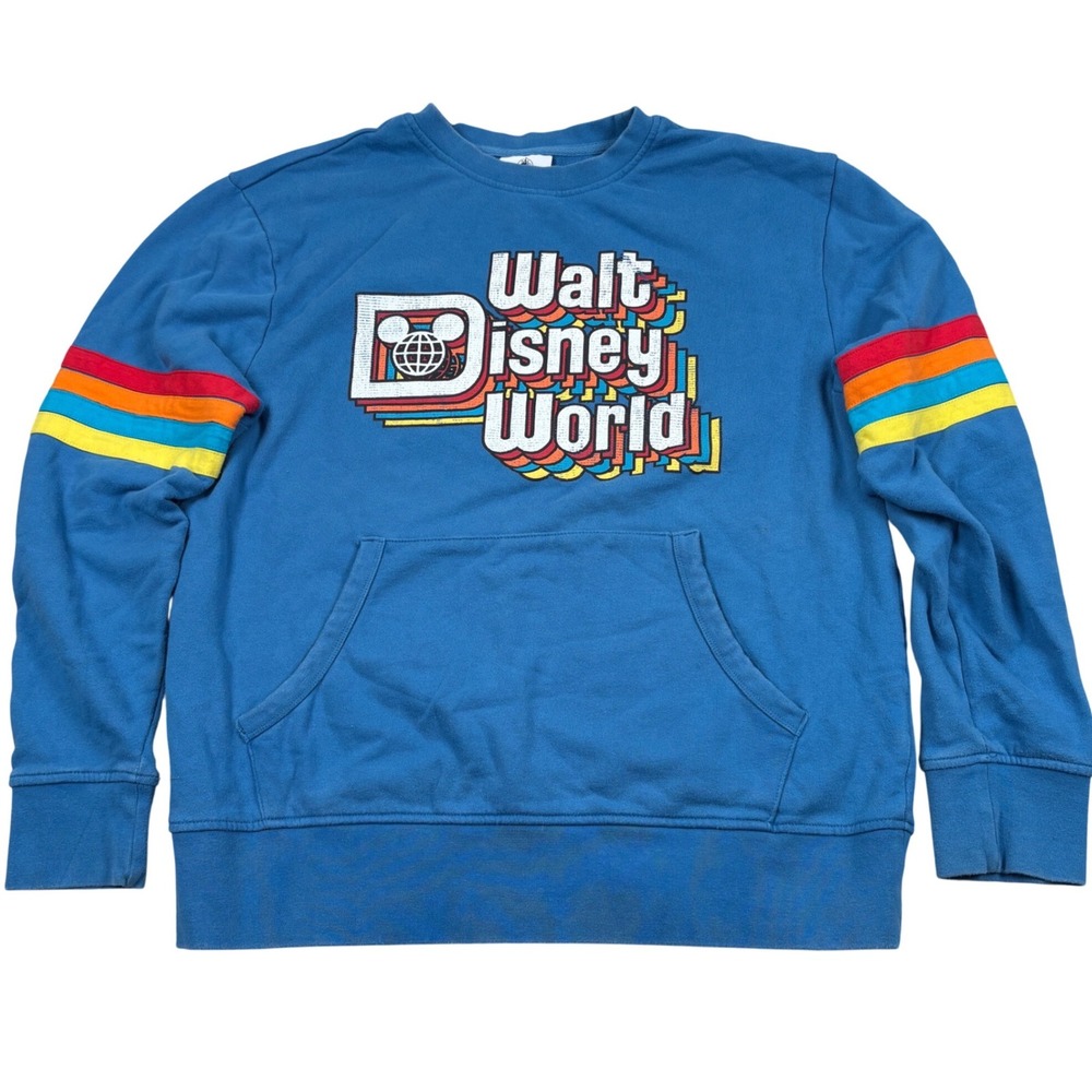 Walt Disney World Parks Retro Rainbow Sweatshirt Medium 3D Blue Pride Pocket